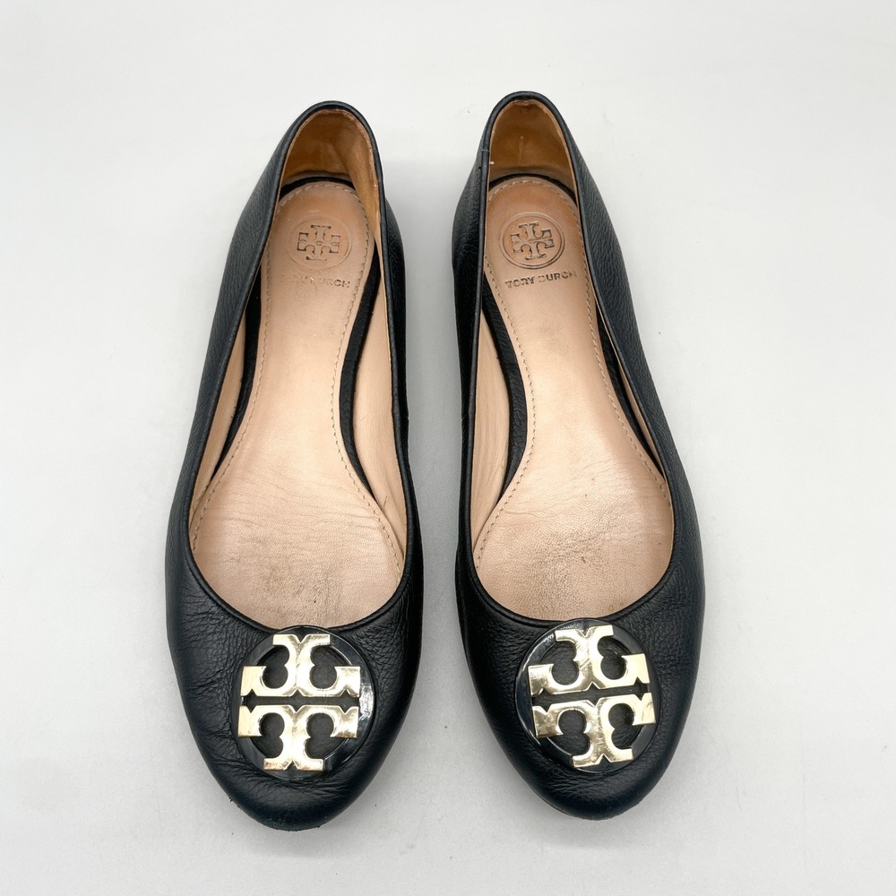 Tory Burch Womens 7 Claire Ballet Flats Black Leather Gold Logo Preppy Office